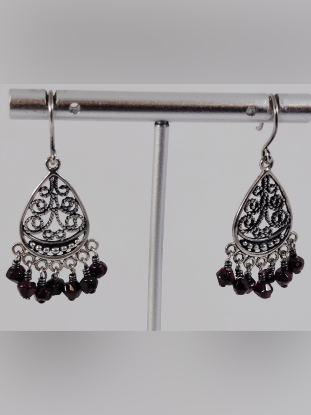 925 Silpada Filigree Teardrop Earrings with Deep Garnet Beads